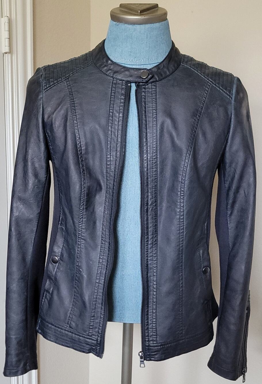 Shelby Collection Women's Black Faux Leather Full Zip Band Collar Jacket Sz L